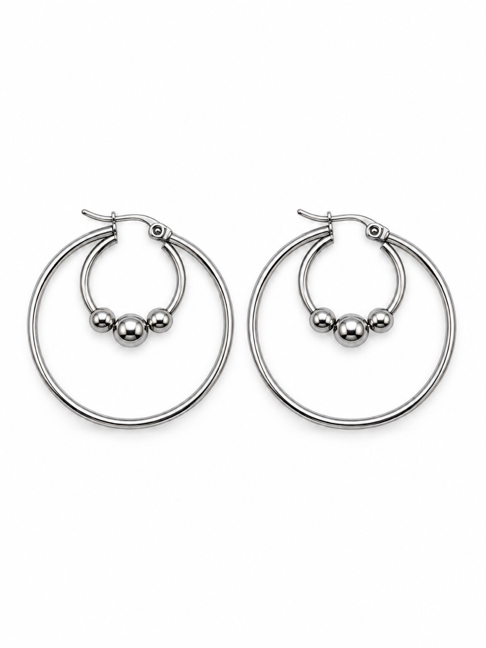 Silver Double Hoop Ball Earrings